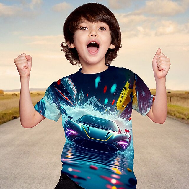  Boys' 3D Car Graphic Tee Active Sports Polyester Shirt