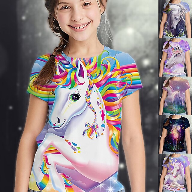  barn jente t-skjorte tee kort erme hest enhjørning regnbue 3d-trykk grafisk dyreprint regnbue barn topper sommer aktiv søt årsakssammenheng 2-13 år