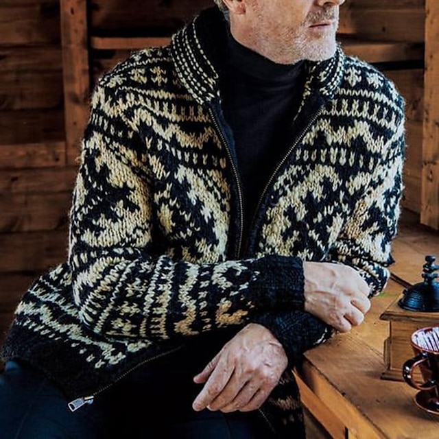  Mand Bluse Cardigan Cardigan Sweater Sweater jakke Tyk Strikke Normal Jacquard Vævning Knaphul Dagligdagstøj Tøj Efterår vinter Sort M L XL