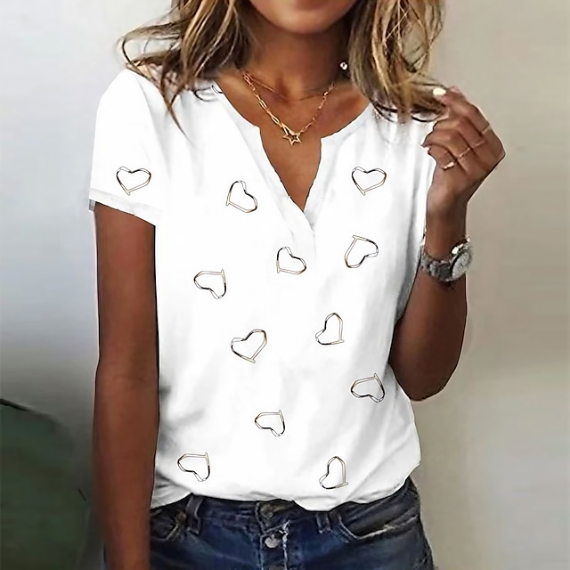  Dame T skjorte Henly-skjorte Hjerte Valentine Helg Hvit Rosa Blå Trykt mønster Kortermet Grunnleggende V-hals Normal