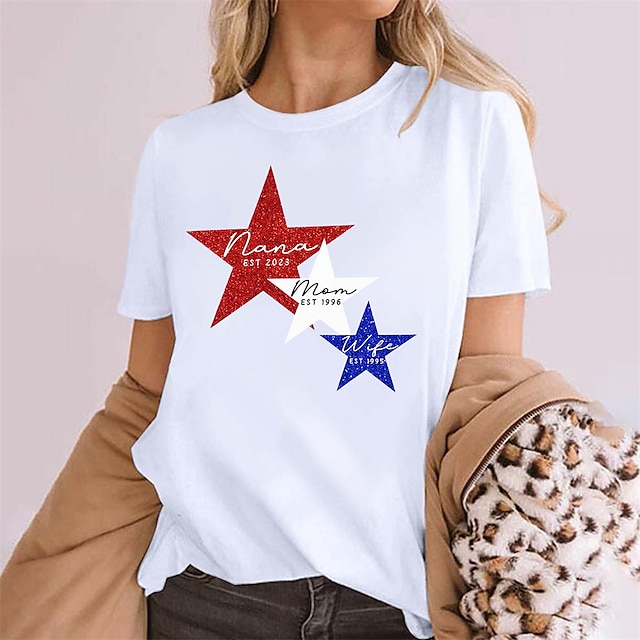  Dame T skjorte Svart Hvit Gul Trykt mønster Stjerne Amerikansk flagg Daglig Helg Kortermet V-hals Grunnleggende Maling Normal