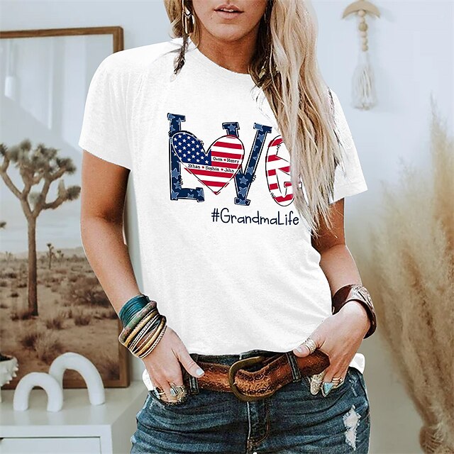  Dame T-shirt Bogstaver Amerikansk flag Hvid Lyserød Rød Kortærmet Trykt mønster Basale Weekend Uafhængighedsdagen Rund hals Regulær
