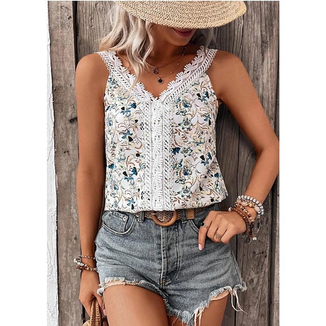  Women's Lace Shirt Tank Top Floral Casual Holiday Sleeveless White Print Lace Trims Sleeveless Basic V Neck Regular Fit