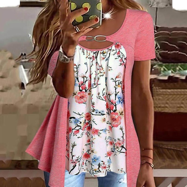  Damen T Shirt Blumen Rosa Grün Bedruckt Kurzarm Festtage Wochenende Basic U-Ausschnitt Regular Fit