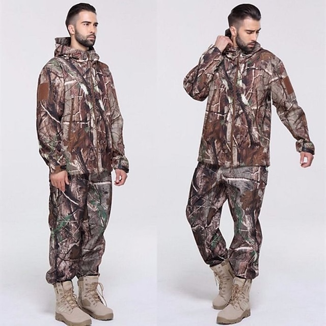  Men's Hooded Hunting Jacket with Pants Hunting Suit Military Tactical Jacket Outdoor Autumn / Fall Winter Thermal Warm Waterproof Windproof Breathable Fashion Long Sleeve Fleece Elastane Cotton