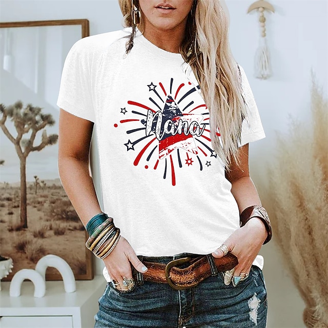  Dame T skjorte Grafisk Amerikansk flagg Daglig Helg Uavhengighetsdagen Hvit Rosa Trykt mønster Kortermet Grunnleggende Rund hals Normal