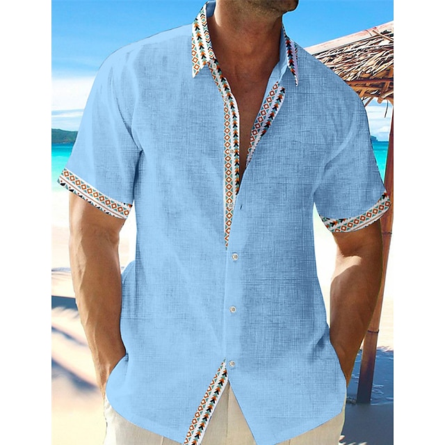  Homens Camisa Social camisa de linho Camisa de linho de algodão Camisa de algodão branco Camisa casual camisa de verão Branco Rosa Azul Manga Curta Geométrica Aberto para a Lateral Verão Casual Diário