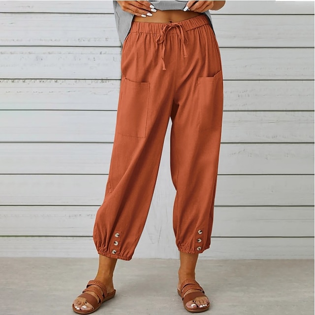  Women's Linen Pants Pants Trousers Baggy Ankle-Length Faux Linen Side Pockets Baggy Fashion Casual Daily Red Brown S M