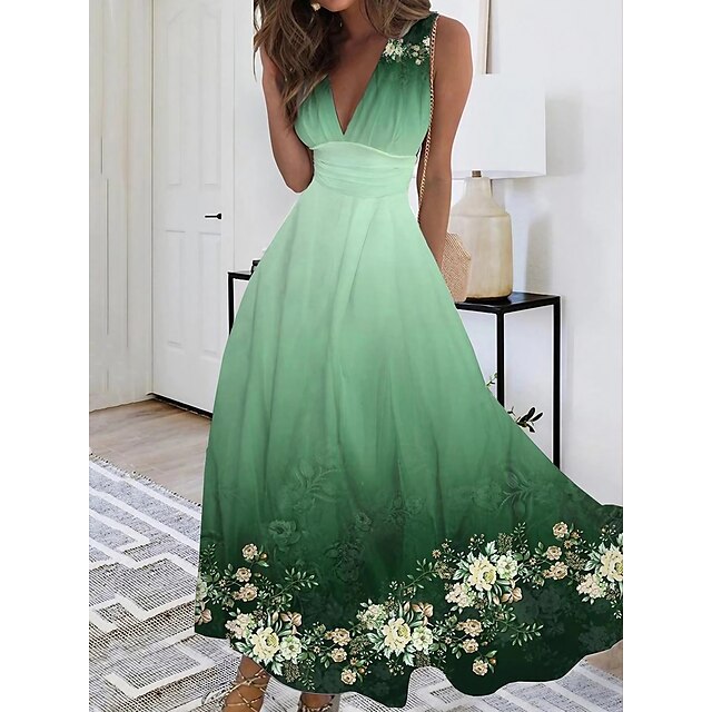  Floral Gradient Swing Maxi Dress V Neck Green