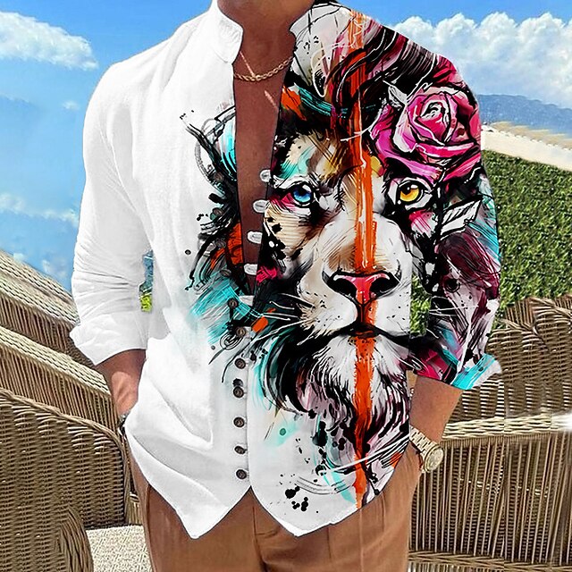  Men's Graphic Lion Linen Shirt Stand Collar