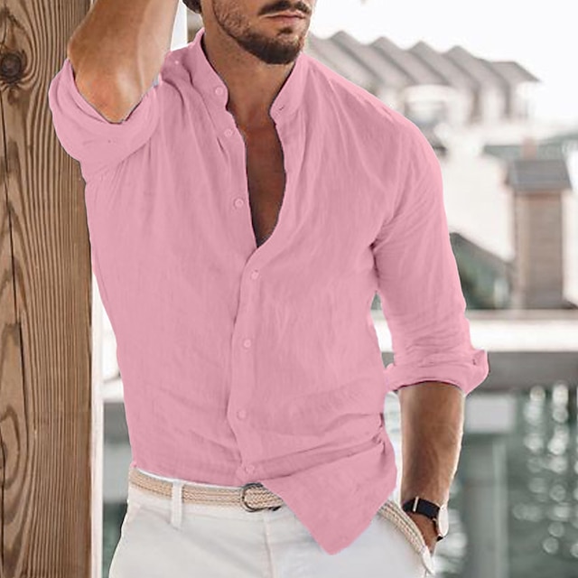  Homens camisa de linho camisa de botão camisa de verão camisa de praia Preto Branco Rosa Tecido Manga Longa Primavera Verão Colarinho Ao ar livre Feriado Roupa