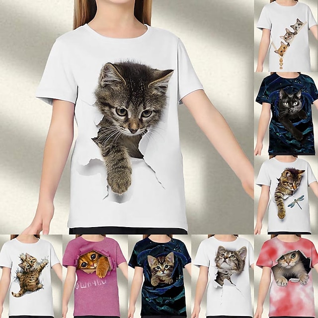  Niños Chica Camiseta Manga Corta Gato Gráfico Animal Arco Iris Niños Tops Activo Estilo lindo 3-12 años
