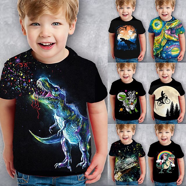  Kinder Jungen T-Shirt Kurzarm Dinosaurier 3D-Druck Grafik Tier Schwarz Kinder Oberteile Sommer Aktiv Cool nette Art Schulanfang Freizeitskleidung 3-12 Jahre