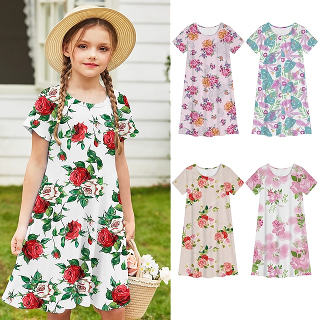  Graphic Floral A Line Dress for Girls Polyester