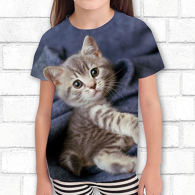  Girls' 3D Cartoon Cat Graphic Tee in Polyester