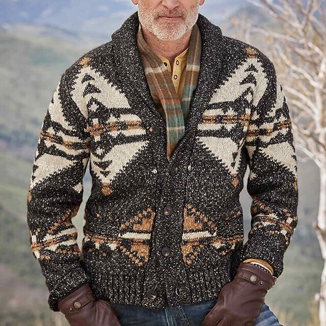  Men's Daily Wear Jacquard Lapel Cardigan Sweater