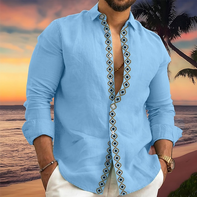  Hombre Camisa camisa de lino Camisa de lino de algodón Abotonar la camisa Camisa de verano Camisa de playa Blanco Rosa Azul Piscina Manga Larga Patrones de Rombo Diseño Primavera verano Casual Diario