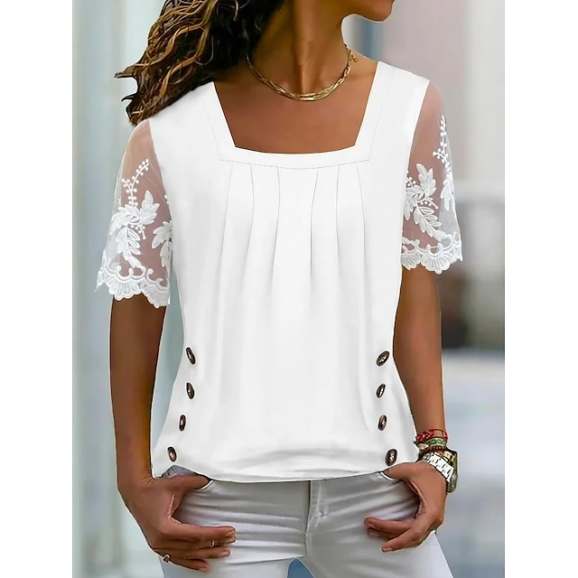  Damen Spitzenhemd Hemd Bluse Glatt Weiß Spitze Kurzarm Casual Elegant Modisch Basic Quadratischer Ausschnitt Regular Fit