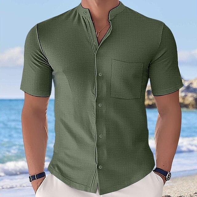  Herre Skjorte Button Up skjorte Casual skjorte Sommer skjorte Strandtrøje Hvid Lyserød Brun Grøn Grå Vanlig Kortærmet Krave Daglig Ferierejse Frontlomme Tøj Mode Afslappet Bekvem