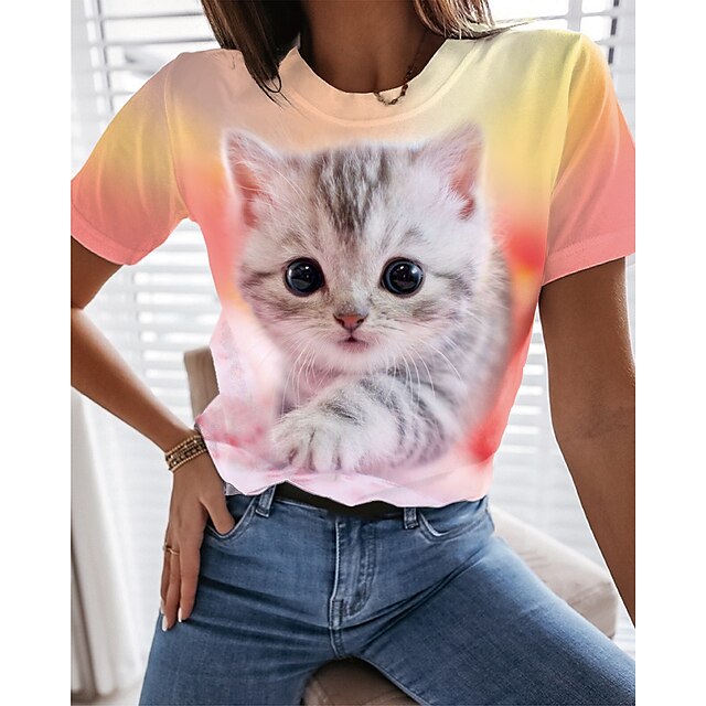  Dame T skjorte Katt 3D Rosa Trykt mønster Kortermet Daglig Helg Grunnleggende Rund hals Normal