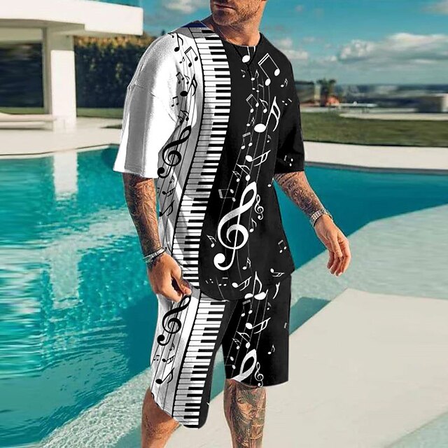  música minha fuga camisa gráfica masculina clave de sol preto e branco 3d para praia | Conjunto de shorts de algodão de verão, notas musicais, gola redonda, roupas