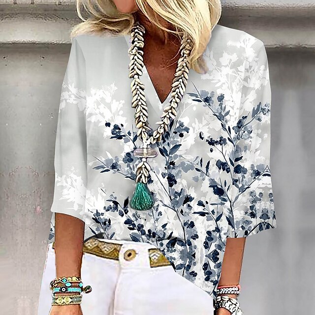  Women's V Neck Floral Print Casual Blouse