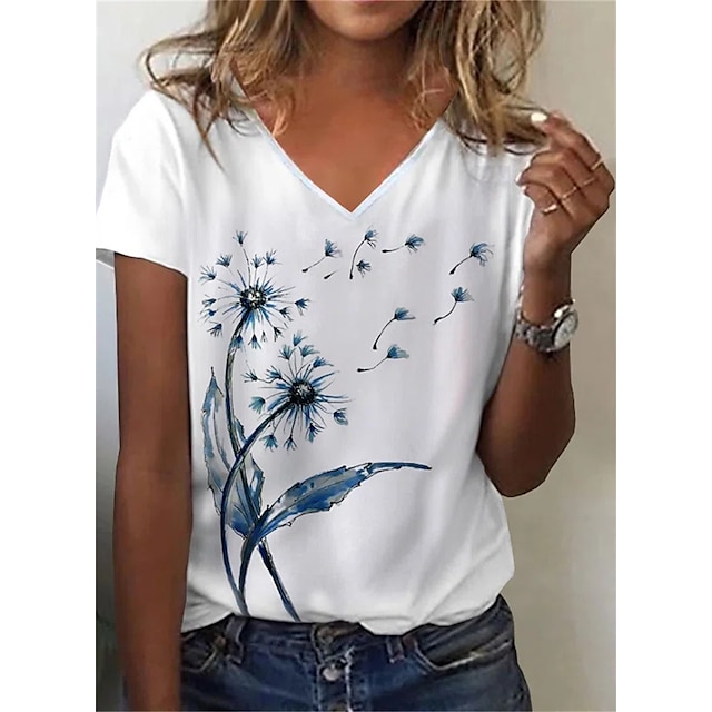  Damen T Shirt Weiß Bedruckt Löwenzahn Festtage Wochenende Kurzarm V Ausschnitt Basic Blume Farbe Regular Fit