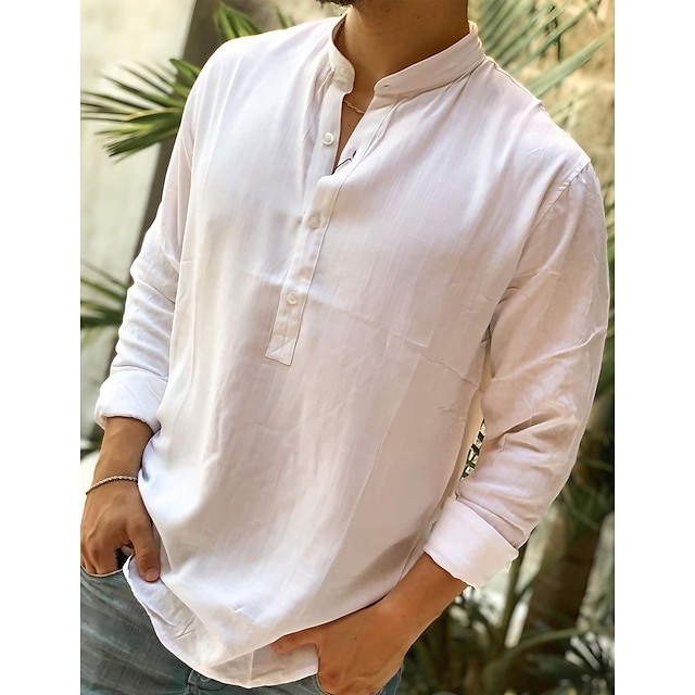  Homens Camisa Social camisa de linho camisa de verão camisa de praia Preto Branco Rosa Manga Longa Tecido Colarinho Chinês Primavera Verão Casual Diário Roupa