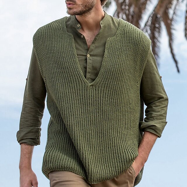  Mand Bluse Sweater vest Vest Pullover trøje bluse Strikke Normal Y-hals Ensfarvet / almindelig farve Dagligdagstøj Tøj Efterår vinter Grøn M L XL