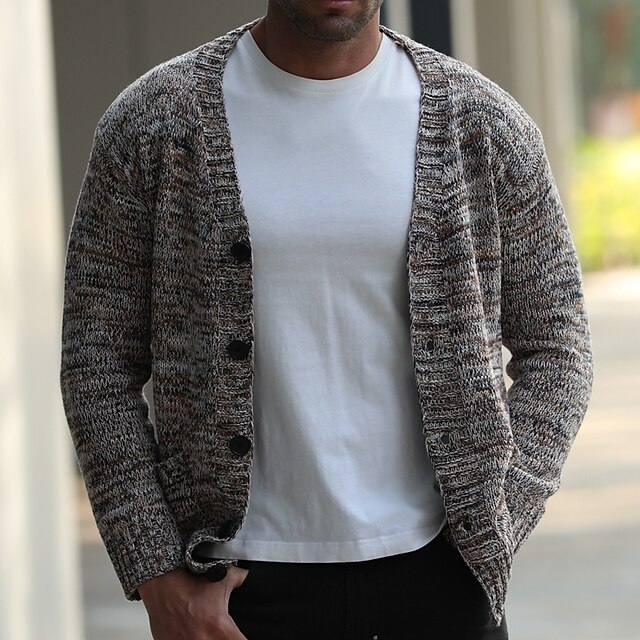  Mand Cardigan Cardigan Sweater Sweater jakke Tyk Strikke Normal V-hals Ensfarvet / almindelig farve Dagligdagstøj Tøj Efterår vinter Brun M L XL
