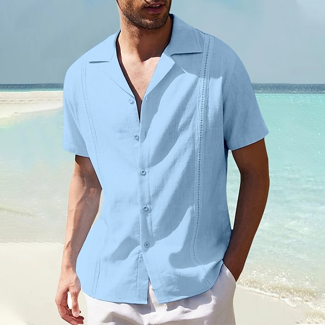  Homens Camisa Social camisa de linho Camisa de linho de algodão Camisa Guayabera camisa de verão camisa de praia Preto Branco Azul Marinha Manga Curta Tecido Colar de acampamento Verão Casual Diário