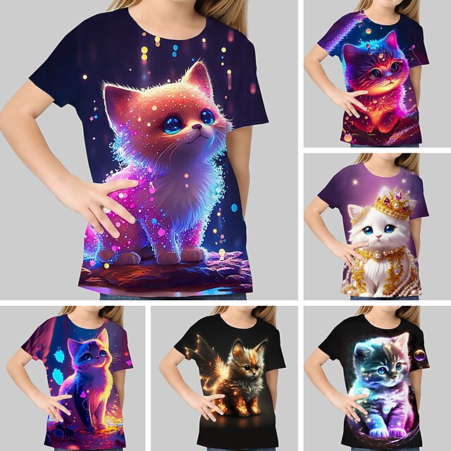  Girl's Summer 3D Cat Graphic T Shirt 7-13 Years