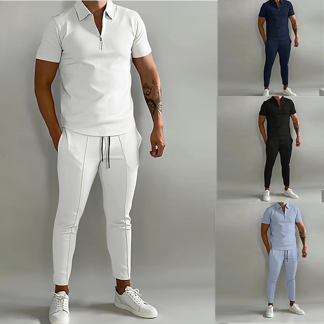  Men's Basic Quarter Zip Polo Shirt Set