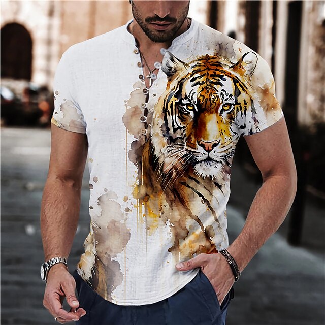  herreskjorte linned skjorte dyr tiger grafiske print stand krave gul blå lilla grøn udendørs street kortærmet print tøj tøj linned mode streetwear designer casual