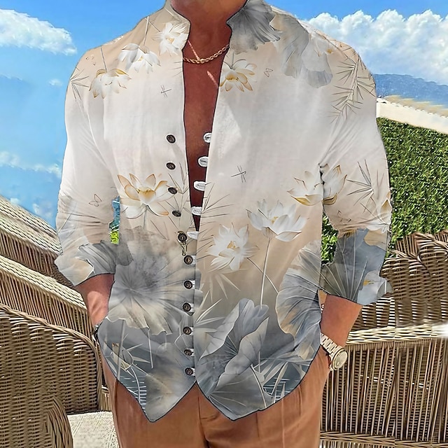  Men's Casual Linen Shirt with Floral Prints