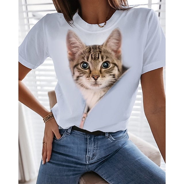  Dame T skjorte Katt 3D Daglig Helg Hvit Trykt mønster Kortermet Grunnleggende Rund hals Normal