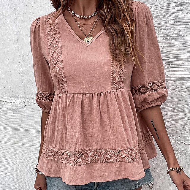  Women's Shirt Blouse Pink Plain Casual Half Sleeve V Neck Basic Linen Regular S