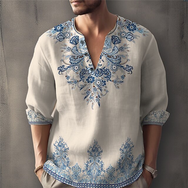  Men's Casual Linen Shirt with Floral Graphic Print