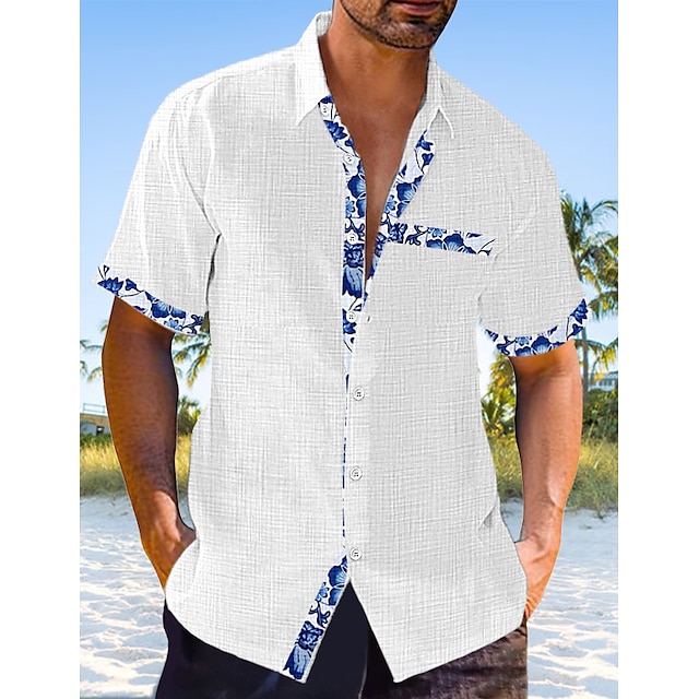  Hombre camisa de lino Camisa casual Camisa de verano Camisa de playa Negro Blanco Rosa Plano Manga Corta Primavera verano Diseño Hawaiano Festivos Ropa Bolsillo delantero