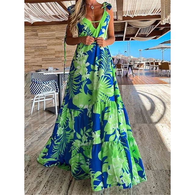  Women's Tropical Leaf Print Slim Maxi Swing Dress