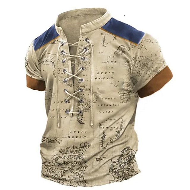  Per uomo maglietta Colletto alla coreana Pop art Mappa del mondo Abbigliamento Stampa 3D Giornaliero Sport Lacci Stampa Manica corta Vintage Di tendenza Originale Moda