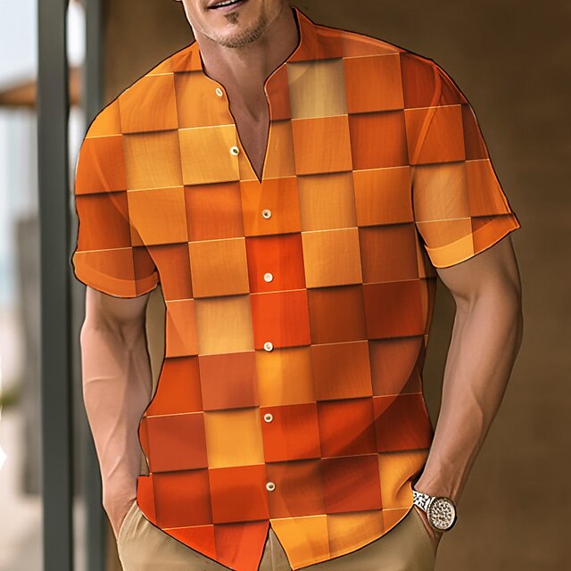  Homens Camisa Social Xadrez Estampas Abstratas Geometria Colarinho Chinês Verde Azulado Vermelho Azul Laranja Verde Ao ar livre Rua Manga Curta Imprimir Roupa Moda Designer Casual Confortável