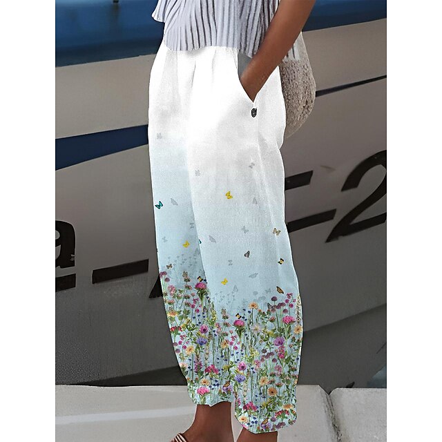  Women's Linen Pants Normal Polyester Flower / Floral Light Yellow Transparent Blue Mid Waist Full Length Daily Wear All Seasons