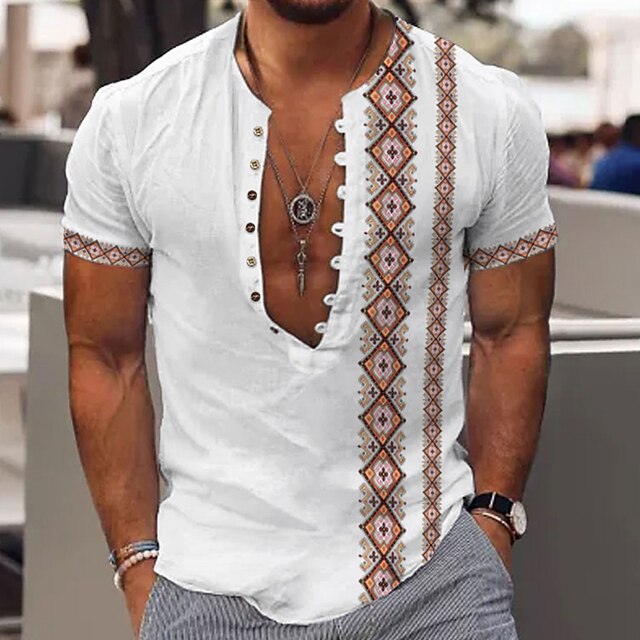  Men's Tribal Print Linen Shirt Streetwear