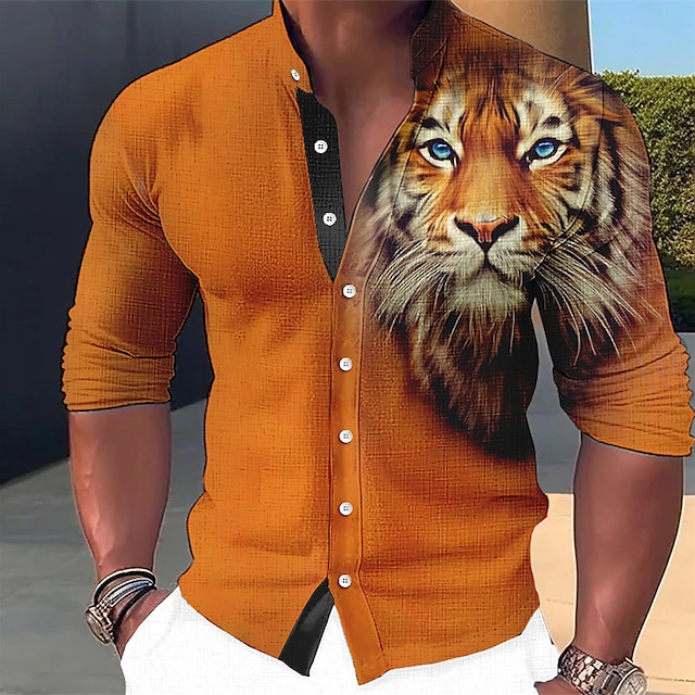  Men's Casual Linen Shirt with Tiger Graphic