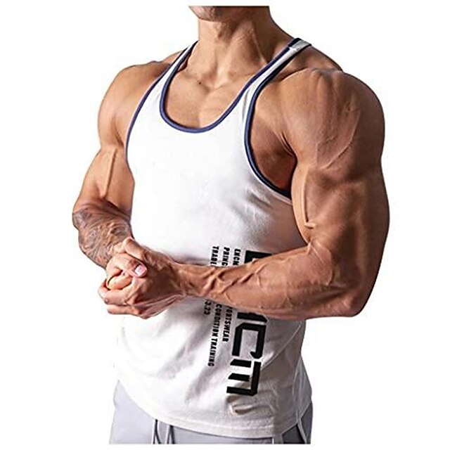  Men's Muscle Bodybuilding Stringer Tank Tops Plus Size Y-Back Gym Fitness Workout Sleeveless Training T-Shirts Vest White