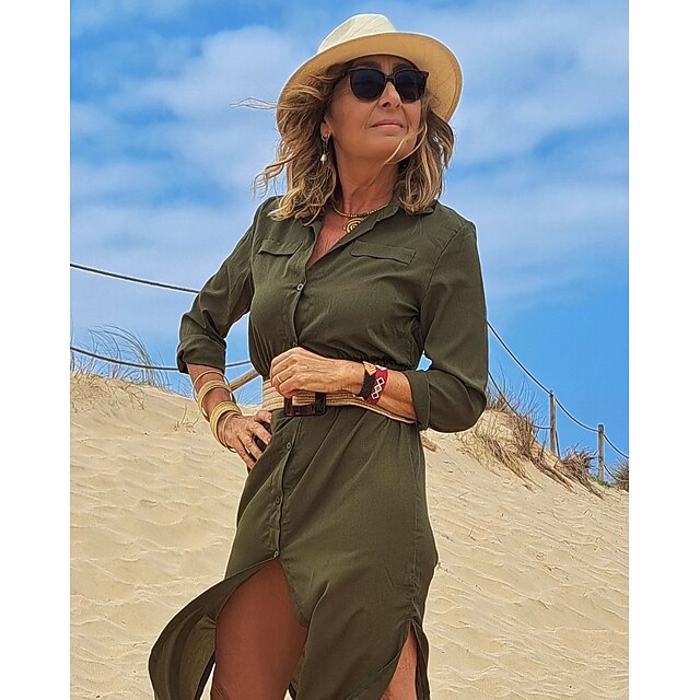 robe chemise femme maxi robe longue noir armée vert bleu marine manches