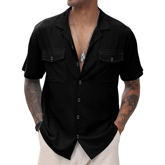  Homens Camisa Social Camisa de linho de algodão Camisa casual camisa de verão camisa de praia Preto Branco Azul Manga Curta Tecido Lapela Primavera Verão Havaiana Feriado Roupa Básico