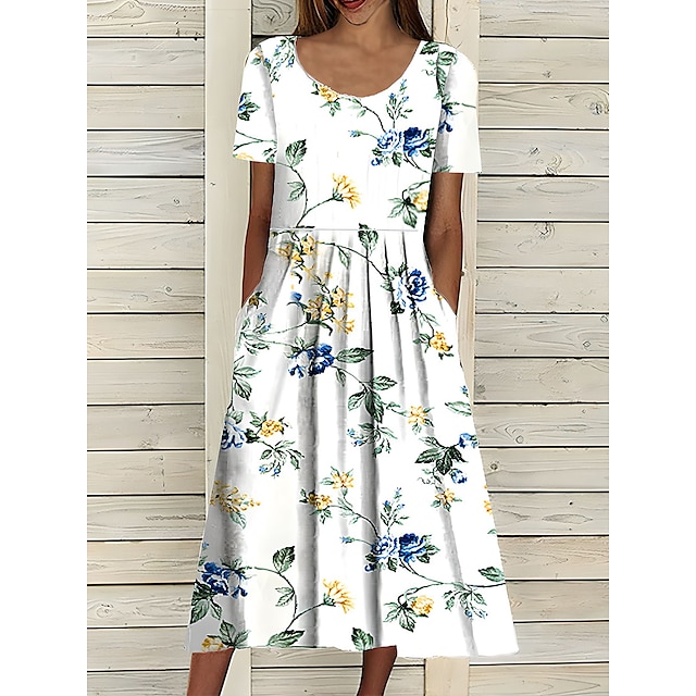  Women's Casual Dress Floral Print Ruched Print Crew Neck Midi Dress Basic Casual Daily Short Sleeve Summer Spring