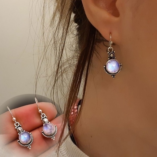  månesten retro øreringe mode thai sølv farverige ædelsten øre krog øre smykker